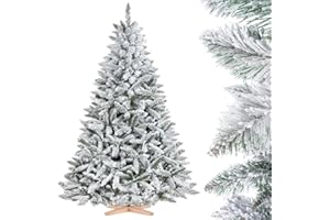 FairyTrees árbol de Navidad Artificial 180cm Abeto con el Soporte de Madera | árbol Artificial con Copos de Nieve Blancos | Fabricado en EU