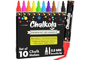 Chalkola Set 10 Feutre Craie Liquide Effaçable | Pointe Réversible 6mm | Chalk Marker et Peinture Stylo Craie pour Tableau Noir | Effacable Marqueur pour Vitre, Fenetre Verre, Ardoise