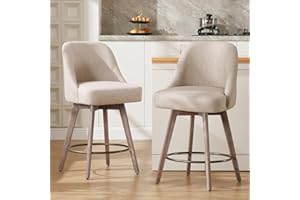Bekrvio Counter Height Bar Stools Set of 2, Modern Mid-Century Swivel Barstools with Backs and Wood Legs, Linen Fabric Upholstered Chairs 66CM Seat Height Counter Stools (Linen Sand, 2PCS)