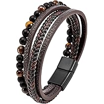 Mochity Herenarmband, stenen armband voor heren, zwart leer, armband van roestvrij staal, armband zwart, bruin, sieraden voor heren, cadeau voor heren, 21 cm (met geschenkdoos), Leer, roestvrij staal