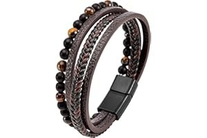 Mochity Bracelet Cuir Homme, Bracelet Perle Homme, Noir bleu Marron Bracelets Pour Hommes, Avec Boîte Cadeau