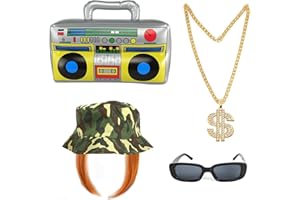 FASBET Kevin Ginger Wig Fancy Dress 80s 90s Hip Hop Costume Kit Ginger Wig, Bucket Hat, Boom Box, Gold Chain, Glasses, Rapper Fancy Dress Wigs Hip Hop Wigs 90s Rave