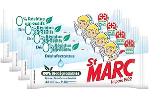St Marc Lot de 4 sachets de 42 Lingettes Biodégradables Nettoyantes et Désinfectantes 0% résidus agressifs