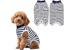 PawSailor Striped Dog Surgery Suit Female Male Dog Recovery Body Suit After Surgery, Soft Cotton Surgical Recovery Vest Pet Medical Shirt Button Closure, Wound Protection, Easy to Wear, Dark Navy M