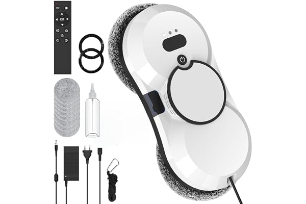 Robot Nettoyeur de Vitre, 5600Pa Robot Laveur de Vitre Automatique,Trois Modes de Nettoyage,Technologie de Détection de Bord Intelligente, Télécommande et 10 Chiffons,pour Toutes Les Surfaces Lis (A)