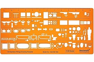 BOCIANELLI Gabarit Dessin Sanitaire 1:50 - Gabarit Architecte 1/50 - Normographe Sanitaire 1/50 - Pochoir Architecture - Gabarit de Mobilier - Gabarit de Dessin Technique - Trace Gabarit Architecte