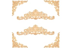 Hezhou 6 Pz Fregi in Legno Decorativi per Mobili - Applique Intagliato Angolo e Lungo (Peonia)