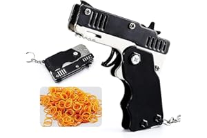 MCISKIN Mini pistolet na gumkę z metalu, składany, 6 strzałów z breloczkiem do kluczy i 60 gumowymi taśmami, metalowy składany brelok do kluczy do strzelania, aktywności na świeżym powietrzu dla dzieci