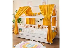 ‎ALAVYA HOME ALAVYA HOME® 3-TLG Hausbett Deko Set mit 2 Stück Betthimmel I 1 Stück Wimpelkette 300cm cm lang für Kinderbett Kinderzimmer I 100% Bio-Musselin Baumwolle I GOTS-Zertifiziert I 125 x 350 cm I Senfgelb