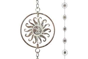 AIFEORZO Sun Face Rain Chains, 8.5 Feet Length, Rain Gutter Chains, Functional and Decorative Replacement for Gutter Downspouts, Metal Loop Rain Catcher Chain, Rain Chains for Outside Garden Balcony Porch