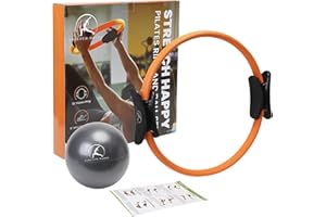 Stretch Happy Pilates Ring and Ball Equipment Set - Yoga Fitness Magic Circle And Mini Ball. FREE Guide. Resistance Workout, Muscle Toner, Pelvic Floor Exerciser, Abs & Thigh Strengthener At Home.