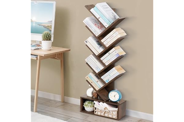 ABOUT SPACE Book Shelf for Home Library - 9-Tier Tree Shaped Book Rack for Study Room DIY Wooden Display Cabinet with Bottom Storage for Office, Living Room, Bedroom (Walnut - L 45 x B 17 x H 127 cm)