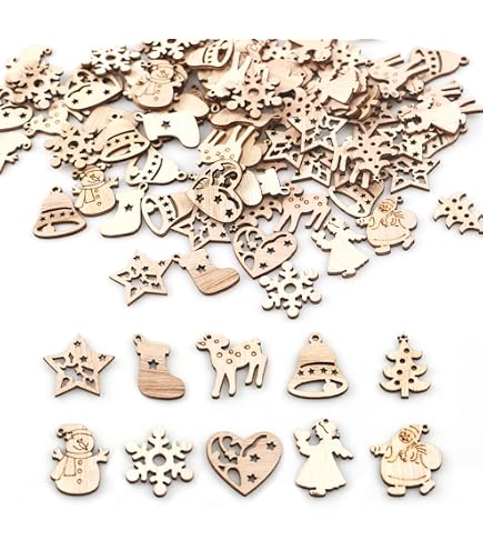 VIKY Weihnachts-Streudeko Aus Holz – 100 Teile Mit Schneeflocken, Rentieren & Weihnachtsbäumen In Rot, Grün, Weiß