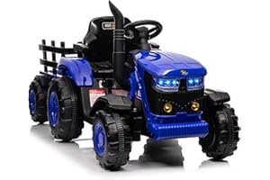 Garvee Trattore Elettrico per Bambini, Batteria 12V con Telecomando, Trattore con Rimorchio e Doppio Motore, Bluetooth/USB, Cambio a 3 Marce, Luci a 7 LED(Blu)