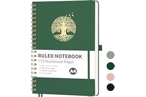 RETTACY Lined A4 Notebook Spiral-College Ruled Notebook,Large Hardcover Leather Journals 110 Numbered Pages, Notepad for School,100gsm,Sticky Notes,21.5 x 27.9cm - DarkGreen