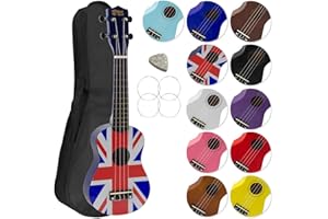 Ukulélé Soprano avec sac de transport, pic et cordes de rechange - idéal pour les écoles et les débutants, maintenant avec des cordes en fluorocarbone - Union Jack - Mad About SU8-UK