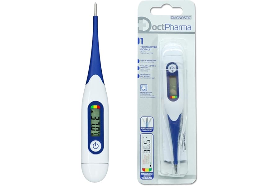 Doctpharma Digital Thermometer with Maxi Screen - Quick Measurement, Flexible Tip, Beep, Colour Fever Indicator, Waterproof, Batteries Included, for Adults and Children