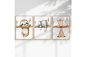 Generiskt set med 3 djungelaffischer för babyrum A4 A3 – bilder safaridjur: Elefant sengångare, flodhäst, giraff, lejon, zebr
