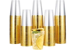 AUTOWNLUX 50 Stück Hartplastik Plastikbecher mit Gold Rand, 360ml/12oz Kunststoff Partybecher, Mehrweg Transparent Trinkbecher für Party, Hochzeiten, Geburtstag