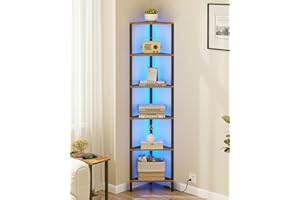TUTOTAK Corner Shelf with LED Light, 6-Tier Corner Bookshelf for Small Space, Narrow Display Corner Shelf Stand with Storage Rack, for Living Room, bedroom, Rustic Brown BS05BB006LEU