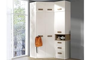 ‎MARMEX MEBLE Marmex Grant G12 - Eckschrank 91x235x143 cm, Bücherregal - Eckgarderobe mit Kleiderstangen und Einlegeböden für das Jugendzimmer, Schlafzimmer - Eckkleiderschrank - weiß + Riviera Eiche