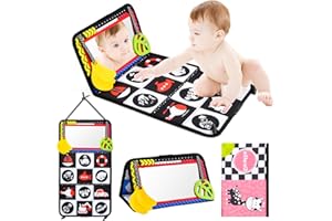Dokeno Jouet d'Éveil Bébé avec Miroir Pliable et Livre en Tissu, Jouet Sensoriel Noir et Blanc pour Bébés 0-12 Mois, Développement Visuel, Auditory et Tactile, Cadeau pour Bébé Naissance