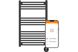 TCP Smart Modern Black Ladder Style Towel Rail Radiator 500W App Control Works with Alexa, Google Home & Siri Shortcuts, WiFi, IP24 Bathroom, Towel Warmer, Screen, Timer & Smart Schedules 500 x 850mm