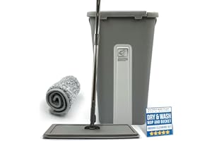 TDBS THE DUSTPAN AND BRUSH STORE Flat Mop and Bucket Set with 360° Swivel Head, 2 Microfibre Mop Heads, Built In Bucket Wringer & Scraper, Easy to Use Mops for Cleaning Floors in Bathroom, Kitchen, Wood, Tile, Laminate