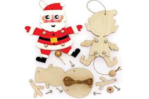 Baker Ross FC192 Decoraciones Navideñas de Marionetas de Madera - Paquete de 5, Marionetas para Niños, Manualidades de Madera para que los Niños las Monten y Decoren