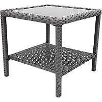 C-Hopetree Kleiner Kaffee-Beistelltisch im Freien für Außenterrasse, Grauer Allwetter-Korb mit Glasplatte, quadratisch