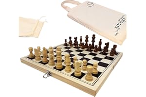 Big Game Hunters Jeu d'échecs portable en bois – Planche pliante en pin 30 x 30 cm – Pièces de qualité supérieure avec coussinets de protection – Jeux de société de voyage pour adultes, enfants et