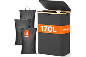 Lifewit 170L Cesto Ropa Sucia con Tapa, Grande Cesta para la Ropa Sucia con 3 Compartimientos y 3 Bolsas, Cubo Ropa Sucia para Dormitorio, Baño y Lavadero, Gris Oscuro