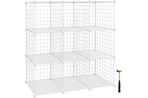 SONGMICS 9-Cube Wire Grid Storage Rack, Interlocking Shelving Unit with Metal Mesh Shelves and PP Plastic Sheets, for Books Shoes Clothes Tools, in Living Room Bathroom, White LPI115W