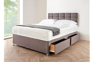Divan Beds Deals Grey Linen 4FT6 Double Bed | Double Bed and Mattress Included 10” Spring Memory Foam | Double Bed Frame with 2 Storage Drawers | Luxurious Bed & Mattress Sets