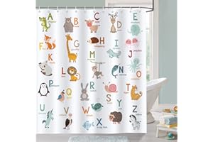 Bonhause Cortina de Ducha para Niños Alfabeto ABC Animales Cortina de Baño de Poliéster Impermeable Antimoho Lavable Cortina Ducha 180 x 180 cm con 12 Ganchos