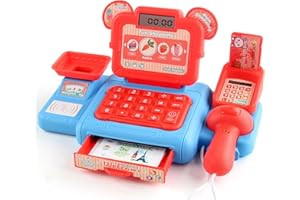FALAFOTY Kids Mini Toy Till Cash Register with Scanner, Real Calculator with Light and Sounds, Aged 3+ Game Set Gift for Kids Boys Girls Pretend Role Play Money Shopping Till Food Toys (Red)