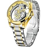 Luxury Skeleton Watch for Men, Two-Tone Silver and Gold Stainless Steel Band, Transparent Glass Display, Mens Wrist Watches: 