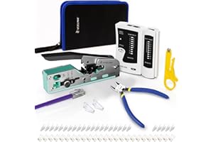 VCELINK Upgraded Stainless RJ45 Crimp Tool Kit for CAT7/6A/6/5E/5 with Pass Through Network Crimper, Cable Tester, 25 Cat6 RJ45 Connectors & Strain Relief Boots, Wire Stripper and Cutter in Cloth Bag