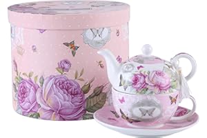 London Boutique Tea for One Teapot Cup Saucer Set Gifts for Women Tea Set for 1 Vintage Flora Rose Porcelain Gift for Her (Pink Butterfly Rose)