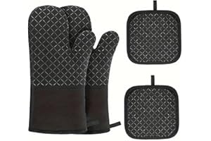 ‎QLEBAO Hitzebeständige Ofenhandschuhe und Topflappen, 4-teiliges Set, 300°C Wärmeresistent, Anti-Rutsch, Schwarz