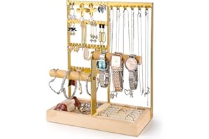 PBUSPU Présentoir à bijoux porte-chaîne, Support à Bijoux avec Plateau et Crochets,Plateau en Velours,pour Chaînes Boucles d'Oreilles Bagues Bracelets Montres Doré