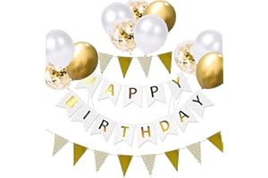 YELYAN WH+GD+SJQ White Gold Party Decorations - Happy Birthday Bunting Banner, 12 inch Balloons Perfect for Birthday Party Decorations