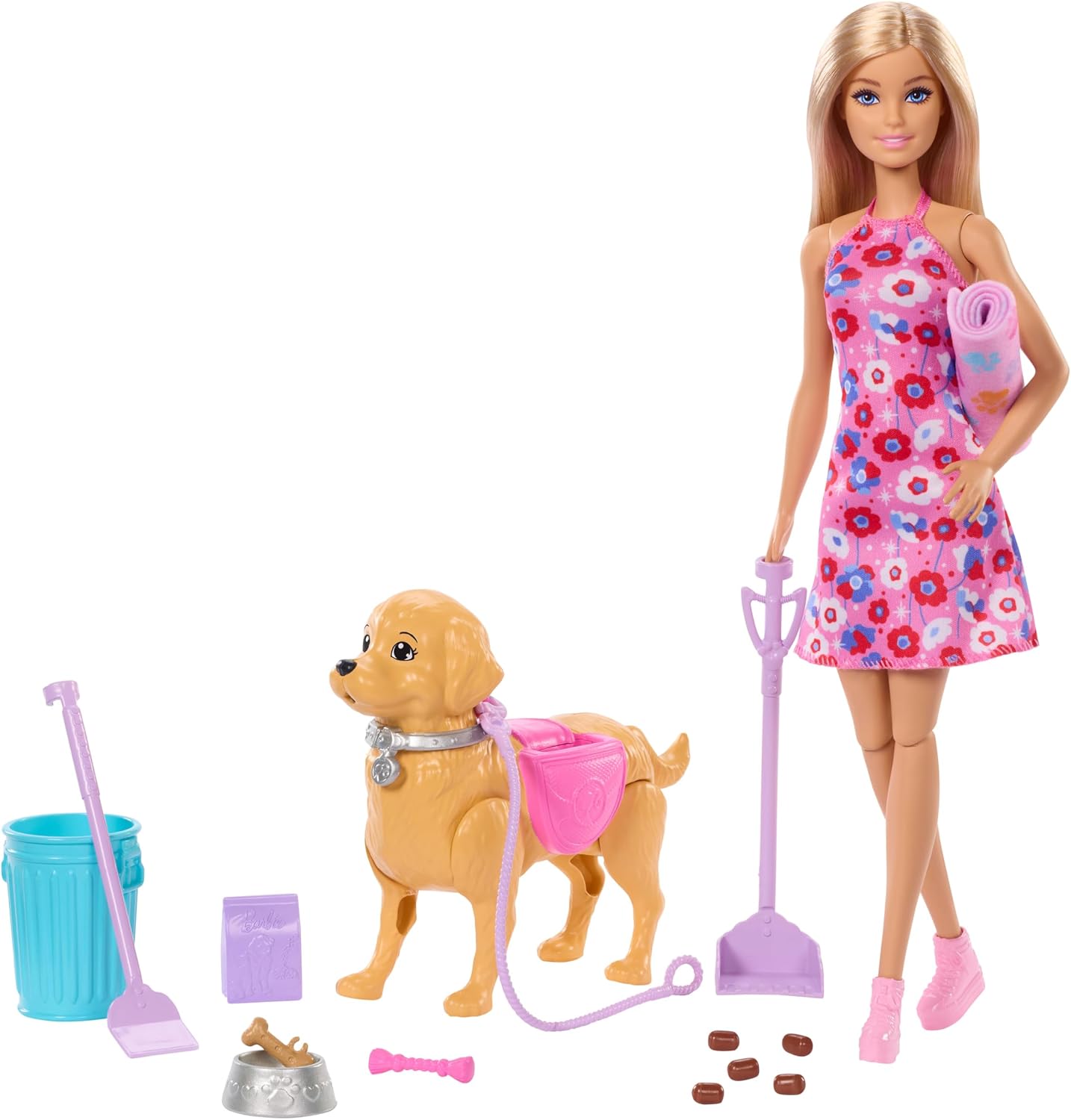Barbie “Barbie Walk & Potty” Conjunto con Cachorro de Juguete. Incluye un Perrito de Juguete Que Camina y Hace Sus Necesidades, una muñeca Barbie “Malibu”, Pala para Recogida y Accesorios, JJB46