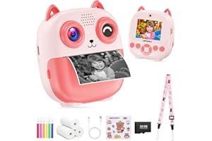 USHISOU Appareil Photo Instantané Numérique pour Enfant: 2,4" Écran 1080P HD Caméra Enfant avec Carte 32GB et Papier d'impression - Mini Appareil Photo Rechargeable avec Selfie - Filles Garçons Cadeau Jouet