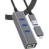 Aceele Hub USB 3.0 Ethernet, Câble d'extension de 2ft, Répartiteur C pour Adaptateur USB Rj45 en Aluminium avec 1 Port LAN RJ