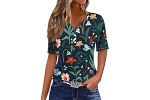 SCBFDI Boho-Kleidung für Frauen Buntes Blatt Individuelles Hawaii-Hemd Kurzärmelig V-Ausschnitt T-Shirts Knöpfe Strand Urlaubskleidung, Tunika Damen Sommer