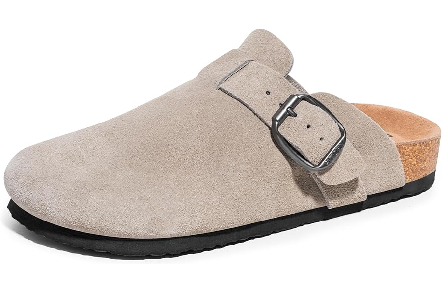 FITORY Mens Suede Clogs with Arch Support，Leather Cork Footed Mules Size 6.5-13.5