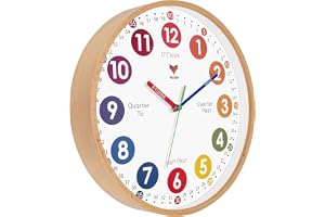 Foxtop barn lärande väggklocka tyst batteridriven naturligt trä 30 cm