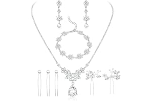 JeryWe Conjuntos de Joyas de Boda para Mujeres Con Horquillas Para El Cabello Collar de Plata Pendientes Pulsera de Cristal Novias Dama de Honor Prom Accesorios de Traje Boda Novia Joyería