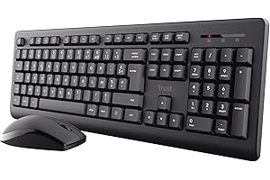 Trust Primo Pack Clavier et Souris sans Fil AZERTY Français, Touches Plates, Résistant aux Éclaboussures, Clavier avec Pavé Numérique, Récepteur USB Unique, Set pour PC Portable Windows Mac